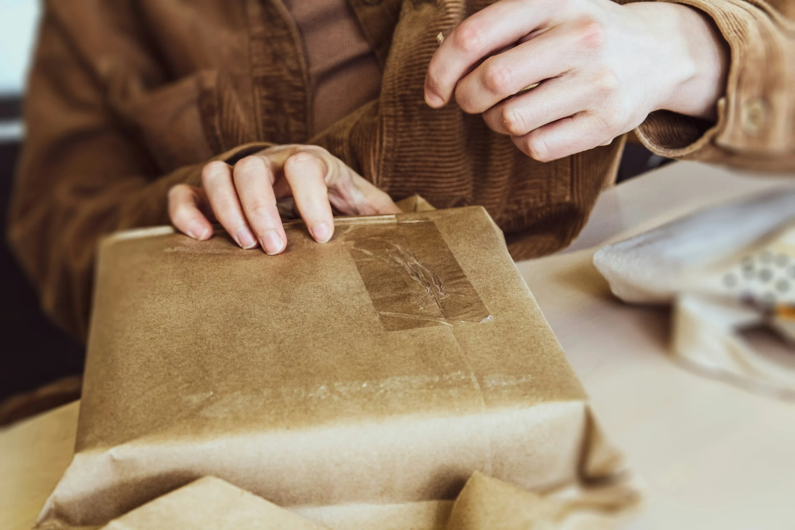 Hands taping a parcel ready for shipping